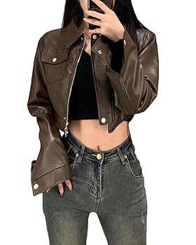 CORIRESHA Women's Cropped PU Faux Leather Zipper Long Sleeve